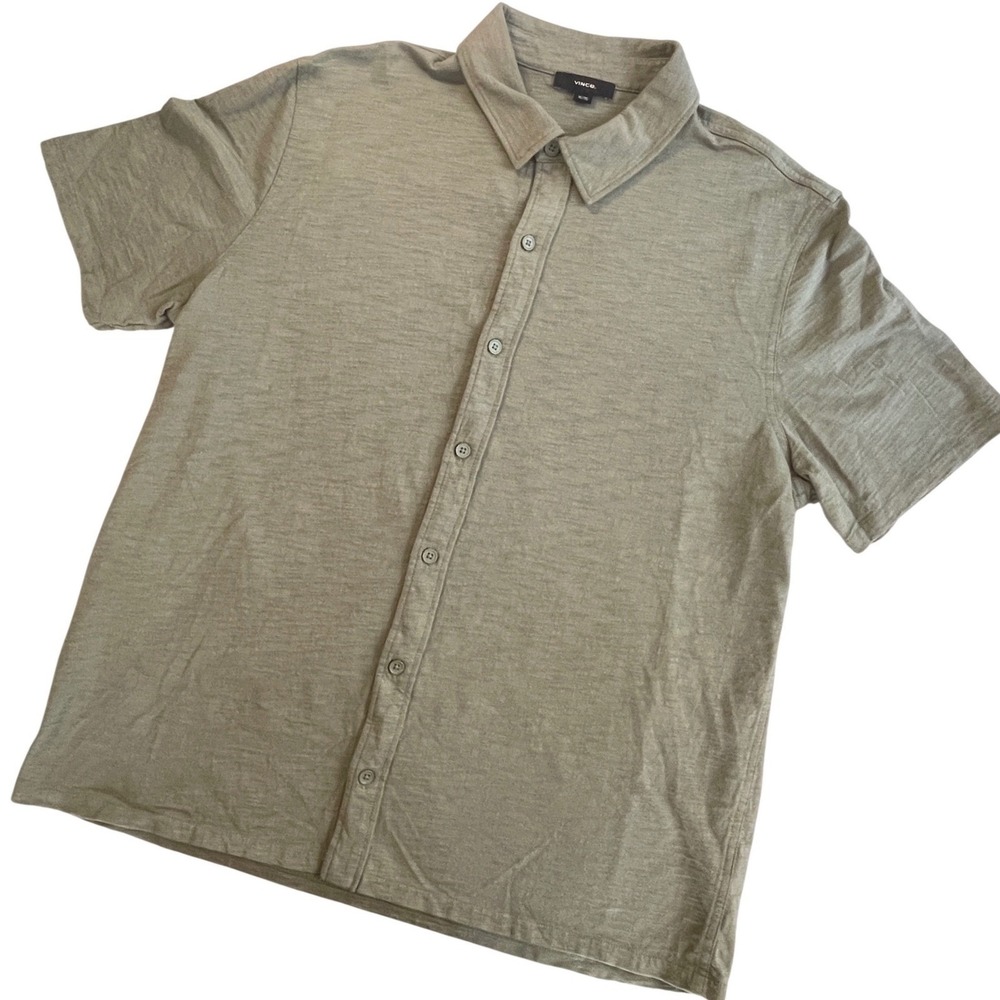 Vince Slub Cotton Short Sleeve Collared Button Up Shirt Mens XL Olive Green